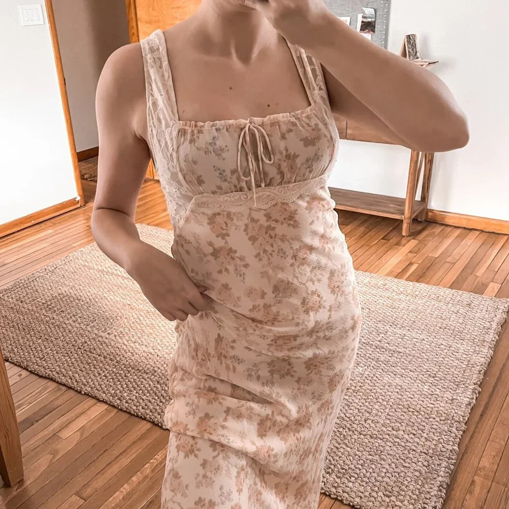 Hansen & Gretel Cream Floral Lace Bohemian Classic Girly Slip Maxi Dress Medium